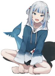 Rule 34 | 1girl, bare legs, barefoot, blue eyes, blue hair, blue hoodie, collarbone, commentary, eyelashes, fins, fish tail, gawr gura, gawr gura (1st costume), grey hair, hair ornament, highres, hololive, hololive english, hood, hood down, hoodie, long sleeves, looking at viewer, multicolored hair, open mouth, shadow, shark girl, shark hair ornament, shark print, shark tail, sharp teeth, simple background, sitting, solo, streaked hair, symbol-only commentary, tail, teeth, toes, two side up, ushiwaka, virtual youtuber, white background, wide sleeves