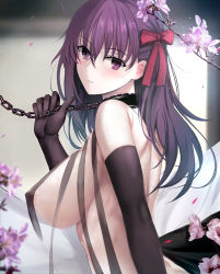 Rule 34 | 1girl, back, bare shoulders, bdsm, black gloves, blush, breasts, chain, collar, elbow gloves, fate/stay night, fate (series), flower, gloves, hair between eyes, hair ribbon, highres, large breasts, lingerie, long hair, looking at viewer, matou sakura, misaka 12003-gou, parted lips, purple eyes, purple hair, red ribbon, ribbon, sideboob, slave, solo, underwear