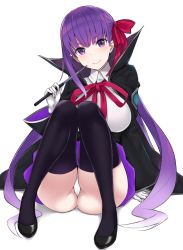 Rule 34 | 10s, 1girl, ass, bb (fate), bb (fate), bb (fate/extra), black footwear, black legwear, breasts, fate/extra, fate/extra ccc, fate (series), gloves, hair ribbon, high-waist skirt, holding, holding wand, large breasts, long hair, long sleeves, looking at viewer, mitsukazu (nijigen complex), neck ribbon, panties, pantyshot, purple eyes, purple hair, red ribbon, ribbon, shoes, simple background, sitting, skirt, smile, solo, underwear, very long hair, wand, white background, white gloves, white panties