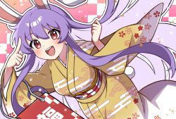 Rule 34 | 1girl, :d, alternate costume, animal ears, breasts, chinese zodiac, floral print, highres, japanese clothes, kimono, large breasts, long hair, looking at viewer, miz (mizillustration), obi, open mouth, print kimono, purple hair, rabbit ears, rabbit girl, rabbit tail, red eyes, reisen udongein inaba, sash, smile, solo, tail, touhou, wide sleeves, year of the rabbit, yellow kimono