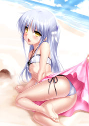 Rule 34 | 10s, 1girl, angel beats!, ass, bare shoulders, barefoot, beach, bikini, blush, breasts, chestnut mouth, day, feet, highres, long hair, looking at viewer, open mouth, sarong, side-tie bikini bottom, silver hair, small breasts, soles, solo focus, swimsuit, tenshi (angel beats!), toes, yellow eyes, zen