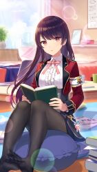 Rule 34 | 1girl, armband, black hair, black pantyhose, blue skirt, book, calendar (object), center frills, collared shirt, cropped jacket, cushion, day, frilled shirt, frills, full body, girl cafe gun, highres, holding, holding book, indoors, jacket, lens flare, lens flare abuse, long hair, long sleeves, looking at viewer, miniskirt, neck ribbon, no shoes, official art, on floor, open clothes, open jacket, pantyhose, parted lips, pink ribbon, rabbit ornament, reading, red eyes, red jacket, ribbon, shi wuxia, shirt, sitting, skirt, solo, white armband, white shirt, window