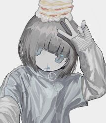 Rule 34 | 1girl, :q, absurdres, arm up, blood, blue blood, blue eyes, blue shirt, blue tongue, blunt bangs, bob cut, cake, closed mouth, colored tongue, commentary, empty eyes, food, food on head, fruit, giv 81, grey background, grey hair, hand up, head tilt, highres, ibispaint (medium), jitome, layered sleeves, licking lips, long sleeves, looking at viewer, making-of available, medium bangs, medium hair, muted color, nosebleed, object on head, original, pale skin, selfie, shadow, shirt, short over long sleeves, short sleeves, sidelocks, simple background, sleeves past wrists, slit pupils, smile, solo, strawberry, strawberry shortcake, symbol-only commentary, textless version, tongue, tongue out, upper body, v, wavy eyes, whipped cream, white shirt, zipper, zipper pull tab