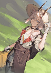 Rule 34 | 1girl, animal ears, arknights, black choker, blue eyes, breasts, briefcase, choker, clothes around waist, coat, collarbone, commentary, denim, dutch angle, earthspirit (arknights), feet out of frame, gloves, goat ears, goat horns, hair between eyes, hair ornament, hairclip, hand on headwear, hat, highres, holding, holding briefcase, horizontal pupils, horns, hug (yourhug), jacket, jacket around waist, jeans, light smile, long hair, looking at viewer, material growth, open clothes, open coat, oripathy lesion (arknights), outdoors, pants, platinum blonde hair, scrunchie, shirt, side ponytail, sidelocks, small breasts, solo, standing, sun hat, white shirt