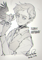 Rule 34 | 1boy, 2021, artist name, bird, bird on hand, blue eyes, branded, chromatic aberration, collared shirt, dated, demizu posuka, english text, eyebrows, happy birthday, highres, long sleeves, looking at viewer, male focus, neck tattoo, necktie, norman (yakusoku no neverland), official art, owl, pale skin, shirt, short hair, sketch, sleeves past elbows, solo, solo focus, tattoo, vest, watermark, white background, white hair, white shirt, yakusoku no neverland