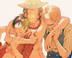 Rule 34 | 3boys, ^ ^, black hair, blonde hair, closed eyes, commentary request, eigoni, hat, hug, jewelry, male focus, monkey d. luffy, multiple boys, necklace, one piece, pearl necklace, portgas d. ace, red shirt, sabo (one piece), scar, scar on chest, scar on face, shirt, simple background, topless male, waistcoat, white background