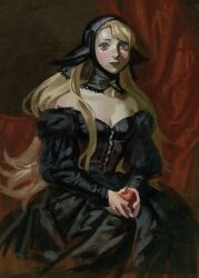 Rule 34 | 1girl, absurdres, apple, bare shoulders, black dress, black hood, blonde hair, breasts, cleavage, detached hood, dress, dungeon meshi, ear covers, elf, expressionless, food, fruit, fur-trimmed dress, fur trim, green eyes, highres, holding, holding food, holding fruit, lace-trimmed headwear, lace-trimmed hood, lace trim, light blush, long hair, long pointy ears, long sleeves, looking at viewer, marcille donato, marcille donato (lord), off-shoulder dress, off shoulder, own hands together, painterly, pointy ears, portrait, puffy long sleeves, puffy sleeves, silverheather, sitting, solo, spoilers