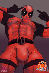 Rule 34 | 1boy, abs, belt, bodysuit, bulge, deadpool, deadpool (series), gloves, highres, looking at viewer, male focus, marvel, mask, middle finger, muscular, pectorals, simple background, solo, spandex