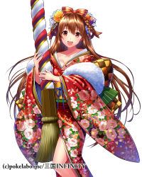 Rule 34 | 1girl, :d, bow, breasts, brown hair, cleavage, collarbone, floating hair, floral print, fuji minako, hair between eyes, hair bow, japanese clothes, kimono, long hair, looking at viewer, medium breasts, obi, open mouth, print kimono, red bow, red eyes, red kimono, sangoku infinity, sash, simple background, smile, solo, standing, striped, striped bow, very long hair, white background, yukata