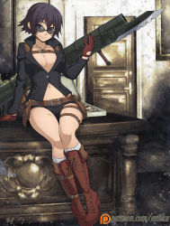 Rule 34 | 1girl, alternate color, bayonet, belt, black hair, boots, breasts, chuunioniika, cleavage, devil may cry, devil may cry (series), devil may cry 4, gloves, gun, heterochromia, highres, jewelry, kneehighs, lady (devil may cry), looking at viewer, midriff, navel, necklace, no bra, open clothes, scar, short hair, short shorts, shorts, sitting, socks, solo, sunglasses, tinted eyewear, weapon