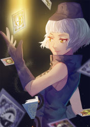 Rule 34 | 1girl, bare shoulders, blue gloves, bob cut, book, brown eyes, card, club3, dark background, elizabeth (persona), gloves, hat, highres, persona, persona 3, short hair, sleeveless, smile, solo, tarot, upper body, white hair, yellow eyes