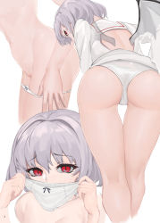 Rule 34 | 1girl, absurdres, ass, backless outfit, bare legs, bent over, blush, covering own mouth, demon wings, embarrassed, from behind, from side, hand to own mouth, has bad revision, has downscaled revision, highres, legs, looking at viewer, looking back, lower body, md5 mismatch, medium hair, midriff, multiple views, navel, no pants, out-of-frame censoring, panties, panty pull, pulling own clothes, pussy, red eyes, remilia scarlet, resolution mismatch, shirt, silver hair, simple background, source smaller, sudako (dai011305), thigh gap, thighs, topless, touhou, underwear, undressing, upper body, vampire, white background, white panties, white shirt, wings