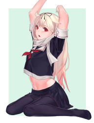 Rule 34 | 10s, 1girl, absurdres, aqua background, arms up, black pantyhose, black serafuku, black skirt, blonde hair, fang, from side, gradient hair, hair between eyes, hair flaps, hair ribbon, highres, kantai collection, looking at viewer, multicolored hair, navel, neckerchief, no shoes, open mouth, pantyhose, pleated skirt, red hair, ribbon, school uniform, serafuku, short sleeves, shou xun bu liang, sketch, skirt, solo, yuudachi (kancolle), yuudachi kai ni (kancolle)