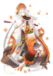 Rule 34 | 1girl, absurdly long hair, absurdres, autumn leaves, barefoot, braid, branch, brown neckwear, chin strap, colored extremities, fish, food fantasy, fugo no shako (food fantasy), full body, fur trim, furisode, highres, holding, holding stick, horns, japanese clothes, kimono, leaf print, long hair, looking at viewer, pale skin, pom pom (clothes), puffer fish, red eyes, seigaiha, solo, stick, tamagono 389, twintails, very long hair, white background, white hair, white kimono
