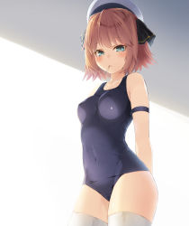 Rule 34 | 1girl, alternate costume, armband, arms behind back, bare shoulders, blue eyes, blue one-piece swimsuit, blush, breasts, brown hair, candy, closed mouth, collarbone, commentary request, covered erect nipples, covered navel, cowboy shot, food, hachijou (kancolle), hair between eyes, hair ribbon, hat, holding, holding food, kantai collection, lollipop, looking at viewer, medium breasts, meth (emethmeth), mouth hold, name connection, one-piece swimsuit, ribbon, sailor hat, school swimsuit, short hair, simple background, smile, solo, standing, swimsuit, thighhighs, white thighhighs, wristband