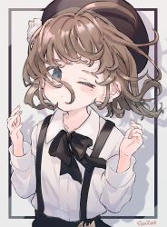 Rule 34 | 1girl, beret, black bow, black hat, black skirt, blue eyes, blush, bow, brown hair, closed mouth, collared shirt, commentary request, dress shirt, drop shadow, flower, grey background, hair flower, hair ornament, hands up, hat, hatoba tsugu, highres, long sleeves, looking at viewer, mole, mole under eye, one eye closed, sha2mo, shirt, signature, skirt, solo, suspender skirt, suspenders, tsugu (vtuber), upper body, virtual youtuber, white flower, white shirt