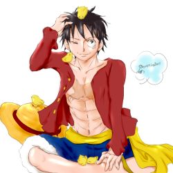 Rule 34 | 1boy, black hair, hat, indian style, male focus, monkey d. luffy, one piece, red shirt, sash, scar, shirt, shorts, sitting, solo, straw hat