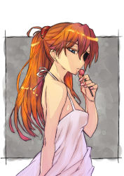 Rule 34 | 1girl, arm at side, bare shoulders, blood, blood on hands, blue eyes, candy, coo (cooarts), dress, eyepatch, food, from side, gradient background, hair between eyes, halterneck, highres, lollipop, long hair, looking at viewer, nail polish, neon genesis evangelion, orange hair, pink nails, rebuild of evangelion, scrunchie, sleeveless, sleeveless dress, solo, souryuu asuka langley, upper body, white dress