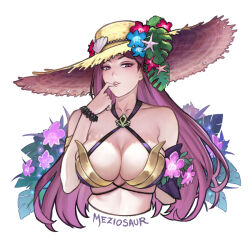 Rule 34 | 1girl, bikini, breasts, cleavage, commentary, criss-cross halter, english commentary, finger to mouth, fire emblem, fire emblem heroes, halterneck, hat, large breasts, lips, loki (fire emblem), loki (summer) (fire emblem), long hair, looking at viewer, meziosaur, nintendo, official alternate costume, purple eyes, purple hair, solo, sun hat, swimsuit, upper body, watermark, white background