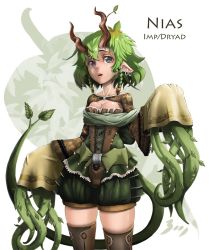 Rule 34 | 1girl, bankage, blue eyes, braid, breasts, cleavage, corset, detached sleeves, dryad, earrings, green hair, horns, jewelry, leaf, lips, medium breasts, monster girl, nias (bankage), nose, original, parted lips, plant, pointy ears, shorts, solo, tail, thighhighs, twin braids, vines