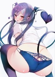 Rule 34 | 1girl, ass, ayuma sayu, black thighhighs, blue panties, butt crack, demon tail, from behind, highres, long hair, looking at viewer, looking back, multi-strapped panties, no pants, original, panties, purple hair, red eyes, shirt, short sleeves, simple background, solo, squatting, tail, thighhighs, tongue, tongue out, twintails, underwear, white background, white shirt