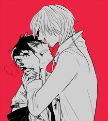 Rule 34 | 10s, 2boys, angry, artist request, blood, blue eyes, clenched teeth, color background, hidden eyes, hug, injury, kougami shin&#039;ya, licking, long sleeves, makishima shougo, male focus, monochrome, multiple boys, naughty face, psycho-pass, red background, short hair, simple background, sweatdrop, teeth, tongue, tongue out, upper body, yaoi