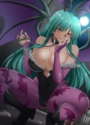 Rule 34 | 1girl, animal print, bare shoulders, bat (animal), bat print, bat wings, blush, breasts, bridal gauntlets, chain, cleavage, closed mouth, clothing cutout, collar, commentary, demon girl, english commentary, green hair, hand on own face, head wings, heart cutout, hellandheaven, highres, large breasts, leotard, long hair, looking at viewer, moon, morrigan aensland, nail polish, night, night sky, outdoors, pantyhose, print legwear, purple pantyhose, purple wings, sky, smile, squatting, vampire (game), wings, yellow eyes