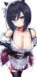 Rule 34 | 1girl, absurdres, animal ears, apron, arms behind back, black hair, black thighhighs, blue eyes, breasts, choker, cleavage, closed mouth, commentary request, eishin flash (umamusume), frilled skirt, frills, german clothes, hair ornament, hair ribbon, hair scrunchie, hanasaka houcha, highres, horse ears, horse girl, large breasts, looking at viewer, maid apron, medium hair, ribbon, scrunchie, simple background, skirt, smile, solo, sweat, swept bangs, thighhighs, umamusume, white background, zettai ryouiki
