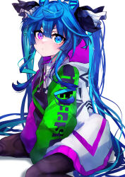 Rule 34 | 1girl, absurdres, ahoge, animal ears, animal hood, aqua hair, black bodysuit, black ribbon, blue eyes, blue hair, bodysuit, closed mouth, clothes writing, coat, commentary, crossed bangs, drawstring, drill hair, drill sidelocks, hair ribbon, heterochromia, highres, hood, hood down, hooded coat, horse ears, horse girl, horse tail, long hair, long sleeves, looking at viewer, multicolored coat, multicolored hair, purple eyes, rabbit hood, ribbon, sidelocks, simple background, sitting, solo, tail, toa510, twin turbo (umamusume), twintails, two-tone hair, umamusume, very long hair, wariza, white background