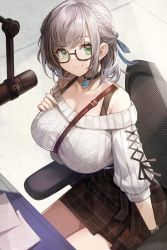 Rule 34 | 1girl, bag, between breasts, black tank top, blue ribbon, breasts, chair, choker, cleavage, desk, from above, glasses, goomrrat, green eyes, hair ribbon, hand on own chest, handbag, highres, hololive, large breasts, looking at viewer, microphone, official alternate costume, official alternate hairstyle, plaid, plaid skirt, ribbon, shirogane noel, shirogane noel (casual), short hair, silver hair, sitting, skirt, snowflake choker, solo, strap between breasts, sweater, tank top, virtual youtuber, white sweater