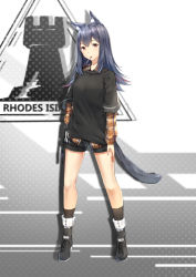 Rule 34 | 1girl, animal ear fluff, animal ears, arknights, black footwear, black hair, black shirt, black shorts, black socks, blush, boots, brown shirt, chahei, closed mouth, commentary request, eyebrows hidden by hair, full body, hand in pocket, highres, kneehighs, layered sleeves, long hair, long sleeves, looking at viewer, mouth hold, multicolored hair, plaid, plaid shirt, red eyes, red hair, shirt, short over long sleeves, short shorts, short sleeves, shorts, socks, solo, standing, streaked hair, tail, texas (arknights)