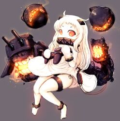 Rule 34 | 1girl, absurdres, abyssal ship, ahoge, anklet, barefoot, black panties, bracelet, collar, colored skin, commentary, dress, embers, english commentary, fire, gloves, grey background, highres, horns, jewelry, kantai collection, long hair, looking at viewer, northern ocean princess, orange eyes, panties, qkracho (thesdroz), side-tie panties, simple background, sleeveless, sleeveless dress, solo, spiked anklet, spiked bracelet, spikes, underwear, white dress, white gloves, white hair