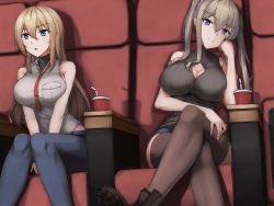 Rule 34 | 2girls, alternate costume, bad id, bad pixiv id, bare shoulders, bismarck (kancolle), blonde hair, blue eyes, blue pants, boots, breasts, brown footwear, brown legwear, brown shirt, chair, cleavage cutout, clothing cutout, commentary request, cup, disposable cup, drinking straw, ghound, graf zeppelin (kancolle), grey eyes, hair between eyes, highres, kantai collection, large breasts, long hair, multiple girls, pants, revision, shirt, sidelocks, sitting, sleeveless, sleeveless shirt, thighhighs, twintails, white shirt