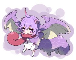 Rule 34 | 1girl, :o, ahoge, blush, bow, brown wings, capelet, chameleos, chibi, commentary request, dress, fang, full body, hair between eyes, hair ornament, milkpanda, monster hunter (series), open mouth, personification, pink bow, purple capelet, purple eyes, purple hair, red scarf, scarf, short eyebrows, solo, tail, thick eyebrows, thighhighs, white dress, white thighhighs, wings