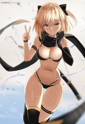 Rule 34 | 1girl, absurdres, armband, artist name, bare shoulders, bikini, black bikini, black bow, black gloves, black scarf, blonde hair, blurry, bow, breasts, cleavage, commentary, depth of field, english commentary, fate/grand order, fate (series), food, gloves, hair between eyes, hair bow, half updo, hands up, highleg, highleg bikini, highres, katana, looking at viewer, medium breasts, multi-strapped bikini, navel, okita j. souji (fate), okita j. souji (first ascension) (fate), okita souji (fate), okita souji (koha-ace), scarf, sheath, sheathed, short hair, simple background, single glove, skindentation, smile, solo, standing, swimsuit, sword, thigh strap, thighhighs, thighs, v, water, water drop, weapon, yellow eyes, zasshu