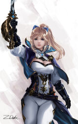 Rule 34 | 1girl, arm up, black gloves, blue eyes, bow, breasts, capelet, cowboy shot, detached collar, detached sleeves, elbow gloves, genshin impact, gloves, hair between eyes, hair bow, hair ribbon, highres, holding, holding sword, holding weapon, jean (genshin impact), light brown hair, lipstick, long hair, looking at viewer, makeup, pants, parted lips, ponytail, realistic, ribbon, sidelocks, signature, simple background, solo, sword, thighs, weapon, white background, white pants, zduke