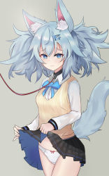Rule 34 | 1girl, animal ear fluff, animal ears, bdsm, black skirt, blue eyes, blue hair, blush, breasts, cla (finesoda), closed mouth, clothes lift, collar, collared shirt, commentary, cowboy shot, ears up, eyebrows, fox ears, fox girl, girls&#039; frontline, grey background, hair ornament, heart, heart-shaped pupils, highres, leash, lifting own clothes, light frown, looking at viewer, messy hair, necktie, official alternate costume, pa-15 (girls&#039; frontline), pa-15 (high school thrills) (girls&#039; frontline), panties, plaid, plaid skirt, revision, school uniform, shirt, simple background, skirt, skirt hold, skirt lift, slave, small breasts, solo, standing, sweater vest, symbol-shaped pupils, tail, twintails, underwear, upskirt, white panties, white shirt