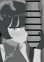 Rule 34 | 1boy, 1girl, absurdres, bar censor, bare shoulders, blue archive, blush, censored, dress, erection, gloves, greyscale, hageashi, hand on another&#039;s head, hetero, highres, kisaki (blue archive), long hair, looking at viewer, monochrome, penis, penis grab, penis on face, penis over one eye, sleeveless, sleeveless dress, solo focus, sweat, veins, veiny penis