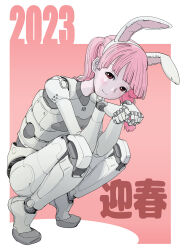 Rule 34 | 1girl, 2023, absurdres, android, animal ears, border, chinese zodiac, fake animal ears, hair behind ear, hairband, head tilt, highres, looking at viewer, medium hair, original, paw pose, pink background, pink hair, rabbit ears, red eyes, robot, science fiction, smile, solo, squatting, sukabu, white border, white hairband, year of the rabbit