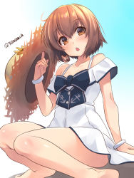 Rule 34 | 1girl, blue background, brown eyes, brown hair, commentary request, dress, feet out of frame, gradient background, hat, highres, kantai collection, looking at viewer, one-hour drawing challenge, open mouth, short hair, sitting, solo, speaking tube headset, straw hat, sun hat, sundress, takase muh, white dress, yukikaze (kancolle)