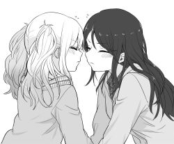 Rule 34 | 2girls, blush, cardigan, closed eyes, closed mouth, collared shirt, commentary request, gradient hair, greyscale, hair down, highres, hoshino ichika (project sekai), jacket, long hair, long sleeves, monochrome, multicolored hair, multiple girls, partial commentary, project sekai, shirt, tenma saki, toridbd, twintails, white background, yuri