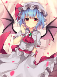 Rule 34 | 1girl, ascot, bat wings, blue hair, blush, bow, brooch, closed mouth, collared shirt, commentary request, dress, falling petals, frilled shirt, frills, green brooch, hand up, hat, hat bow, highres, jewelry, looking at viewer, mob cap, petals, puffy short sleeves, puffy sleeves, red ascot, red bow, red eyes, red ribbon, remilia scarlet, ribbon, ribbon-trimmed sleeves, ribbon trim, ruhika, sash, shirt, short hair, short sleeves, smile, solo, touhou, vampire, white dress, white hat, white shirt, window, wings, wrist cuffs