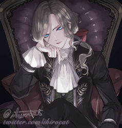 Rule 34 | 1boy, alternate color, artist name, ascot, black background, black coat, blonde hair, blue eyes, bow, chair, coat, cushion, eyeshadow, formal, frilled sleeves, frills, hair bow, head rest, identity v, ihirocat, joseph desaulniers, long sleeves, makeup, male focus, parted lips, ponytail, red bow, red eyeshadow, signature, simple background, sitting, solo, twitter username, watermark, web address, white ascot