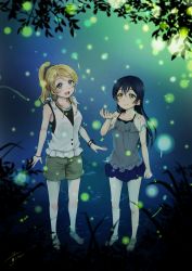 Rule 34 | 10s, 2girls, :d, ayase eli, barefoot, blonde hair, blue bow, blue eyes, blue hair, bow, bracelet, clenched hand, cupping hand, fireflies, hair between eyes, hair bow, highres, jewelry, lilylion26, love live!, love live! school idol project, miniskirt, multiple girls, necklace, night, open mouth, ponytail, shirt, shorts, signature, skirt, sleeveless, sleeveless shirt, smile, sonoda umi, standing, swept bangs, wading, water, yellow eyes