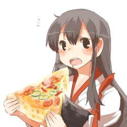 Rule 34 | 10s, 1girl, akagi (kancolle), bad id, bad twitter id, black eyes, blush, brown hair, drooling, food, kantai collection, long hair, lowres, open mouth, oversized food, oversized object, pizza, pizza slice, rebecca (keinelove), solo