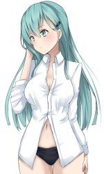 Rule 34 | 10s, 1girl, bad id, bad twitter id, black panties, breasts, cleavage, cowboy shot, green eyes, green hair, hair ornament, hairclip, hand in own hair, kantai collection, large breasts, long hair, looking away, matching hair/eyes, navel, no pants, panties, shirt, simple background, solo, suzuya (kancolle), tokoi, unbuttoned, unbuttoned shirt, underwear, white background, white shirt