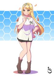 Rule 34 | 1girl, :p, beamed eighth notes, black skirt, blonde hair, blush, boots, breasts, brown footwear, closed mouth, colored shadow, commentary request, eighth note, full body, hand on own hip, headpiece, highres, honeycomb (pattern), honeycomb background, long hair, medium breasts, musical note, mythra (xenoblade), osora (judithandlilith), pleated skirt, shadow, shirt, short sleeves, signature, skirt, smile, solo, standing, tiptoes, tongue, tongue out, v-shaped eyebrows, very long hair, white shirt, xenoblade chronicles (series), xenoblade chronicles 2, yellow eyes