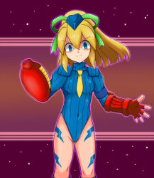 Rule 34 | &gt;:), 1girl, alternate costume, android, arm cannon, armband, armor, blonde hair, blue eyes, blue leotard, boots, breasts, cammy white, cammy white (cosplay), cannon, company connection, corruption, cosplay, covered navel, dark persona, ebako, evil smile, fingerless gloves, garrison cap, gloves, gradient background, groin, hair between eyes, hair ribbon, hat, high ponytail, highleg, highleg leotard, highres, knee boots, leotard, lightning bolt symbol, long hair, looking at viewer, mega man (classic), mega man (series), necktie, outline, ponytail, red gloves, ribbed leotard, ribbon, roll (mega man), shaded face, short ponytail, shoulder pads, sidelocks, small breasts, smile, solo, standing, street fighter, street fighter zero (series), tattoo, turtleneck, v-shaped eyebrows, vambraces, weapon