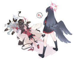 Rule 34 | 3girls, ahoge, anger vein, black footwear, black gloves, black hair, black horns, black serafuku, black shorts, black skirt, black socks, black wings, blue archive, blush, closed eyes, closed mouth, coat, collared shirt, demon horns, fang, feathered wings, gloves, grey hair, grey halo, hair intakes, hair ornament, hair over one eye, hairclip, halo, highres, horns, ichika (blue archive), iori (blue archive), kasumi (blue archive), kneehighs, lab coat, long hair, long sleeves, low wings, multiple girls, open mouth, oversized clothes, pleated skirt, pointy ears, red halo, red shirt, sasami (cho ge n ki), school uniform, serafuku, shirt, shirt tucked in, shoes, shorts, simple background, skirt, socks, spoken anger vein, twintails, white background, white coat, wings