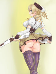 Rule 34 | 10s, 1girl, :o, arm warmers, ass, blue eyes, blush, breasts, brown gloves, brown hat, clothes lift, corset, drill hair, fingerless gloves, from behind, gloves, gun, hair ornament, hat, highres, holding, holding gun, holding weapon, large breasts, lingerie, mahou shoujo madoka magica, mahou shoujo madoka magica (anime), multicolored clothes, multicolored legwear, ohta yuichi, panties, parted lips, pink panties, profile, puffy short sleeves, puffy sleeves, rasukaru, shiny skin, short sleeves, simple background, skirt, skirt lift, solo, striped clothes, striped thighhighs, thighhighs, tomoe mami, twin drills, twintails, underwear, upskirt, vertical-striped clothes, vertical-striped thighhighs, weapon, yellow background, yellow skirt
